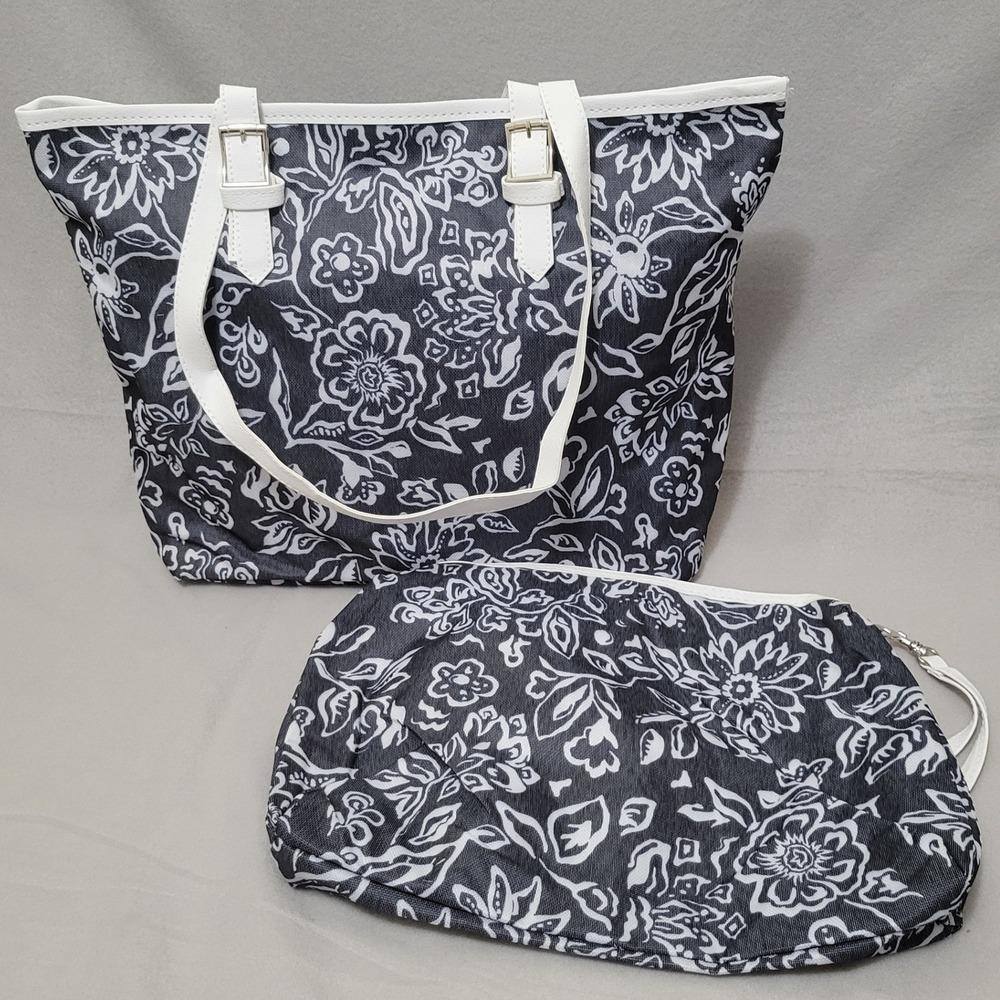 2 Piece Tote & Wristlet Black White Floral Beach Vacation NWT